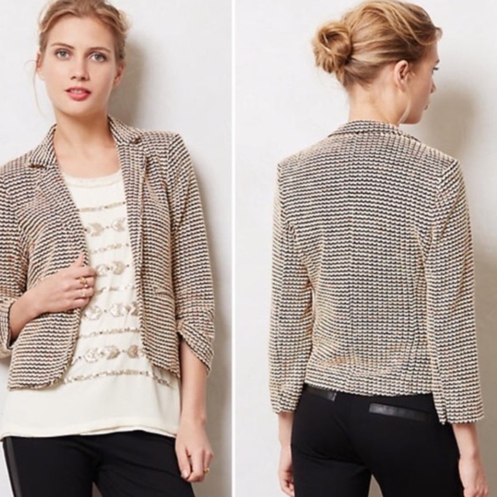 Anthropologie Textured Striped Blazer in Black, Cream & Tan